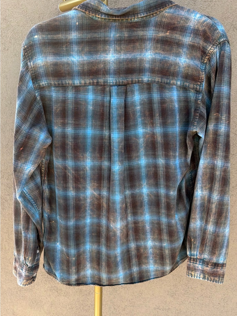 Y2K Blue Brown Plaid Flannel Distressed Bleach Grunge Button Collar Fall Shirt - Picture 7 of 8